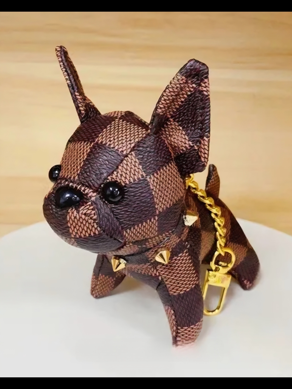 Checkered Brown And Dark Brown French Bulldog Bag Charm NWT